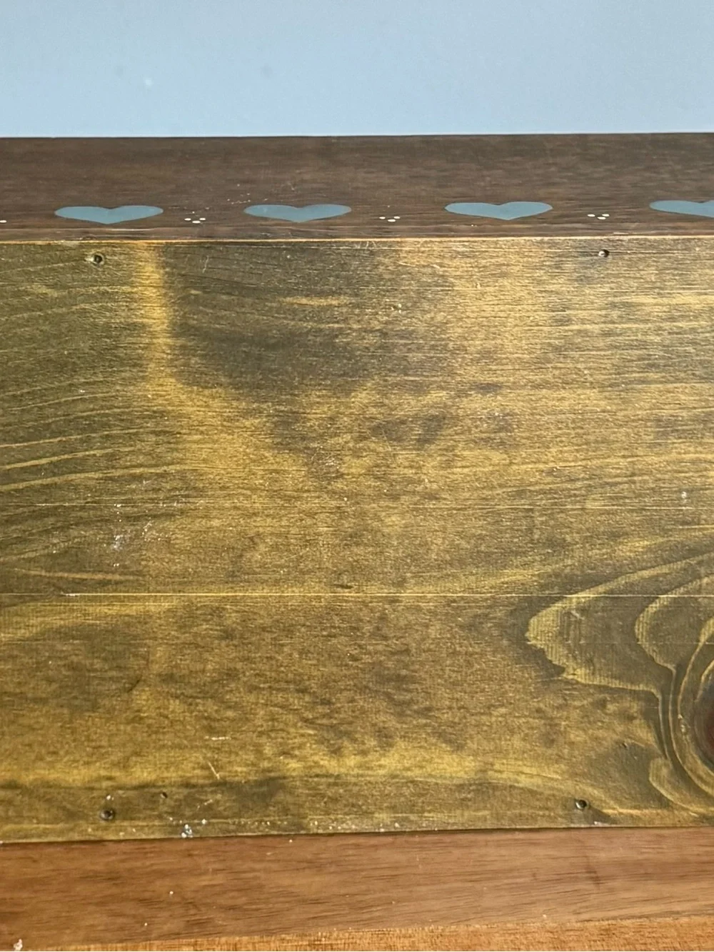 Rustic Wooden Storage Box with Blue Heart Trim